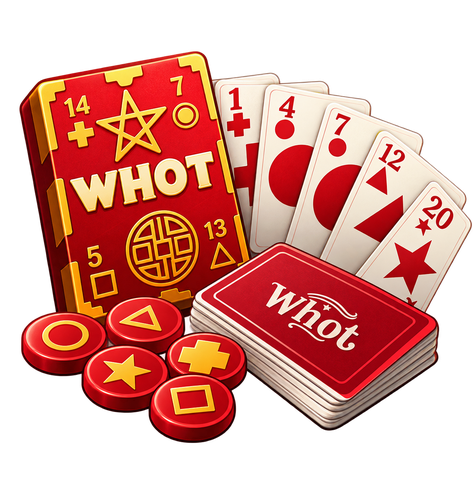 Whot game art — a red and gold Whot card deck with shape tokens